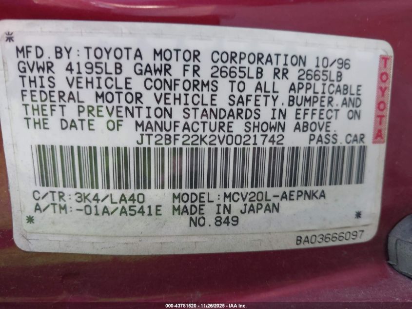 1997 Toyota Camry Le V6 VIN: JT2BF22K2V0021742 Lot: 43781520