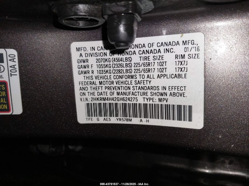 2016 Honda Cr-V Se VIN: 2HKRM4H42GH624275 Lot: 43781537