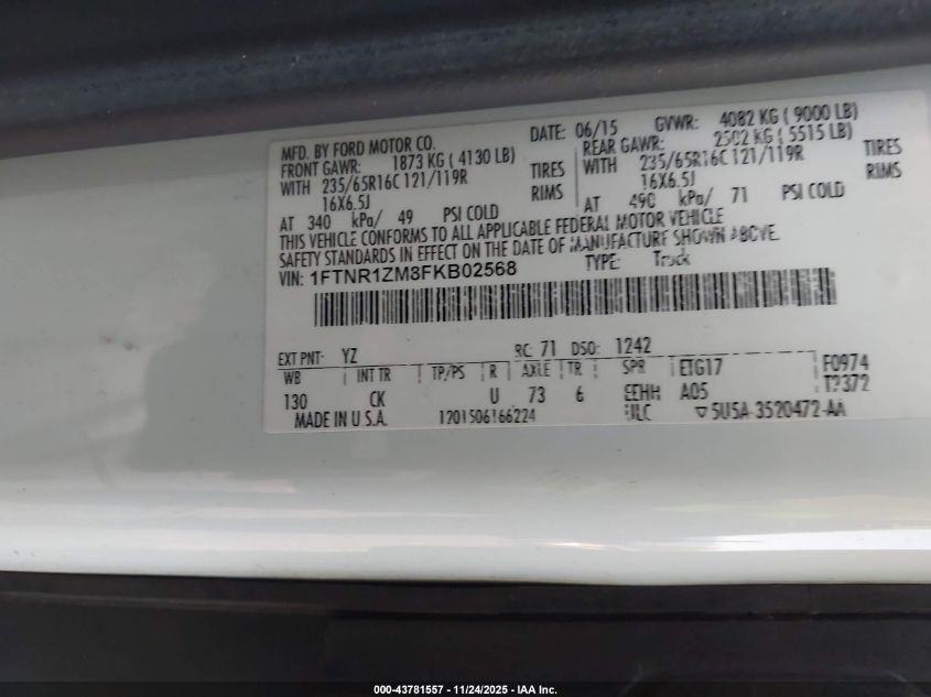 2015 Ford Transit-250 VIN: 1FTNR1ZM8FKB02568 Lot: 43781557