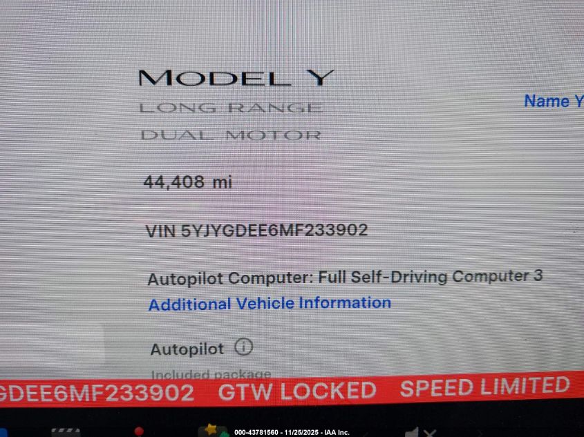 2021 Tesla Model Y Long Range Dual Motor All-Wheel Drive VIN: 5YJYGDEE6MF233902 Lot: 43781560