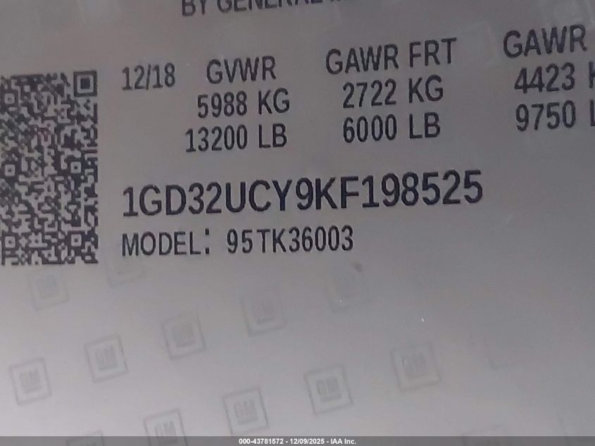 2019 GMC Sierra 3500Hd Chassis Sle VIN: 1GD32UCY9KF198525 Lot: 43781572
