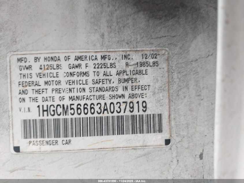 2003 Honda Accord 2.4 Ex VIN: 1HGCM56663A037919 Lot: 43781590