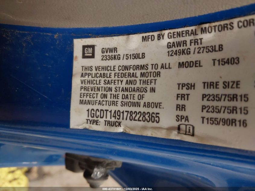 2007 Chevrolet Colorado Ls VIN: 1GCDT149178228365 Lot: 43781601