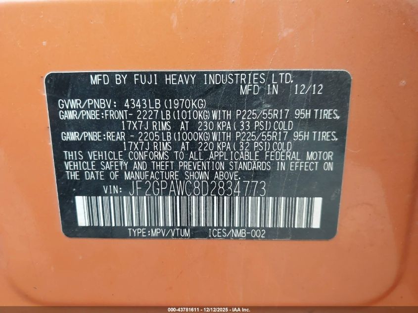 2013 Subaru Xv Crosstrek 2.0I Premium VIN: JF2GPAWC8D2834773 Lot: 43781611