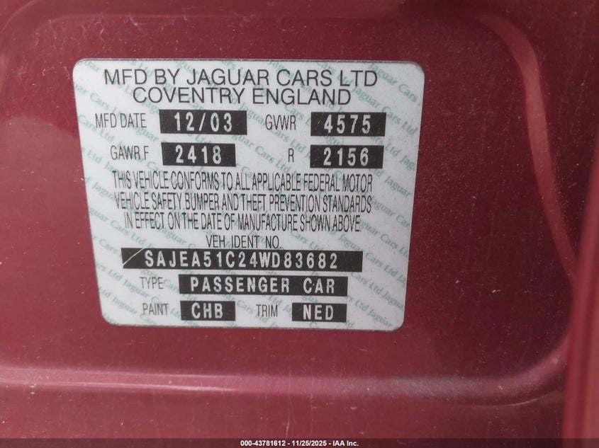 2004 Jaguar X-Type 3.0 VIN: SAJEA51C24WD83682 Lot: 43781612