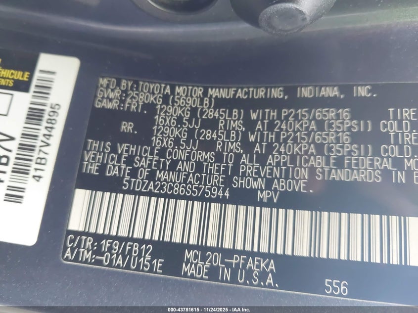 2006 Toyota Sienna Ce VIN: 5TDZA23C86S575944 Lot: 43781615