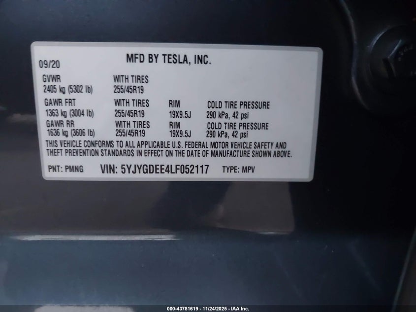 2020 Tesla Model Y Long Range Dual Motor All-Wheel Drive VIN: 5YJYGDEE4LF052117 Lot: 43781619