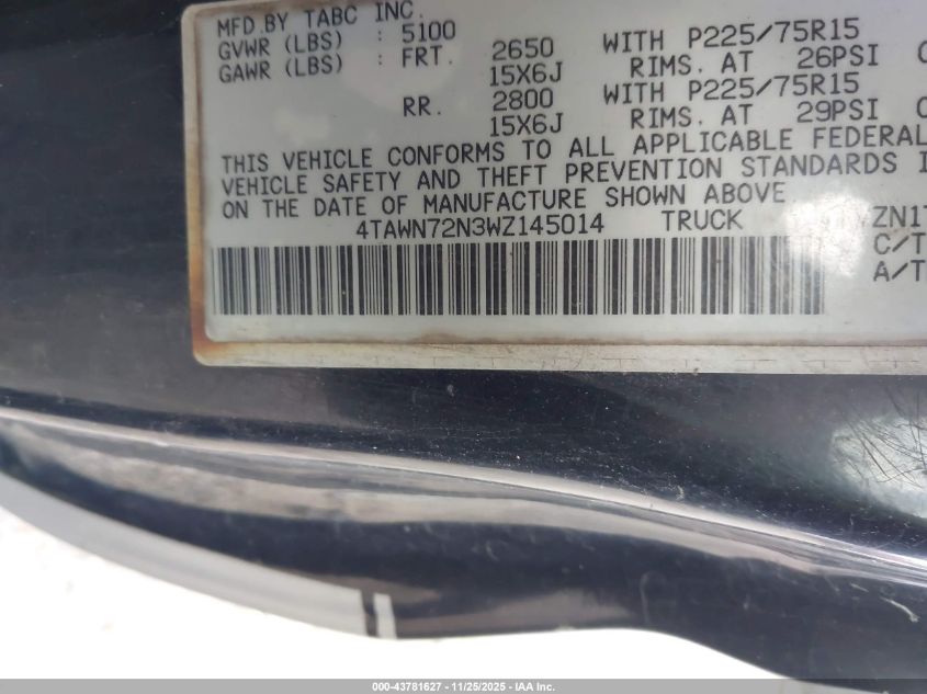 1998 Toyota Tacoma Base V6 VIN: 4TAWN72N3WZ145014 Lot: 43781627