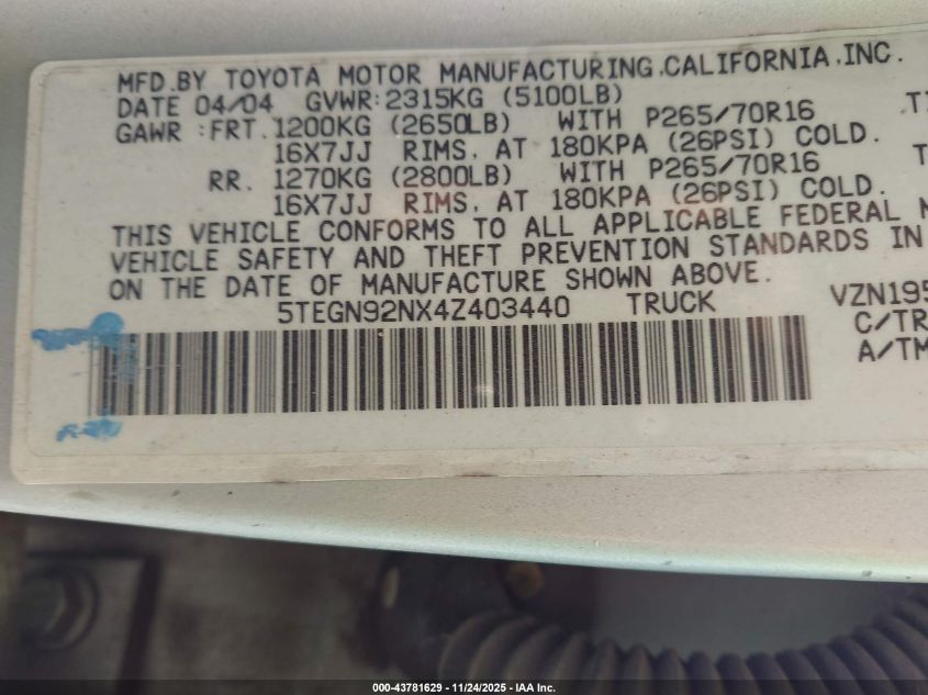 2004 Toyota Tacoma Prerunner V6 VIN: 5TEGN92NX4Z403440 Lot: 43781629