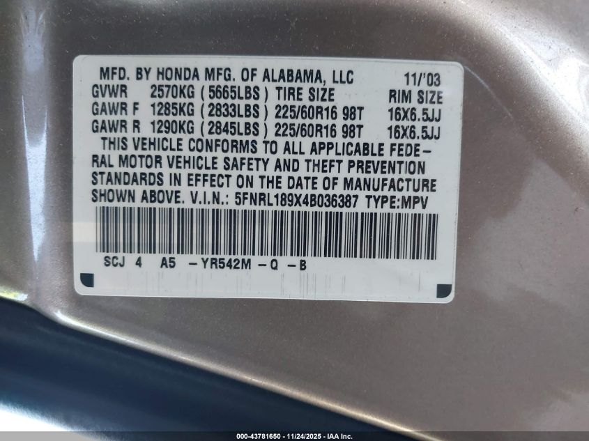 2004 Honda Odyssey Ex-L VIN: 5FNRL189X4B036387 Lot: 43781650