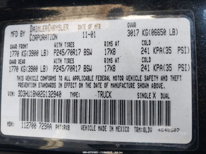 2002 Dodge Ram 1500 St VIN: 3D3HU18N02G132940 Lot: 43781651