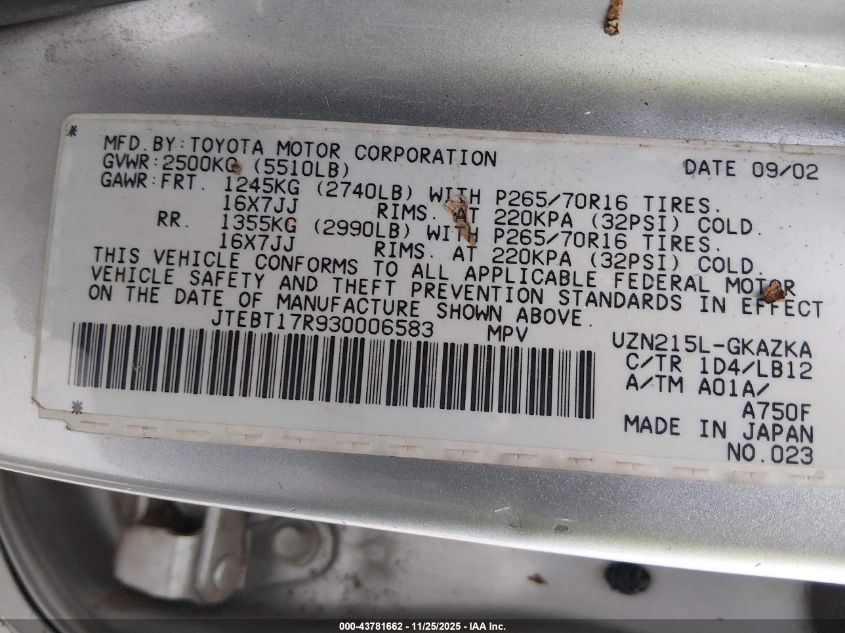 2003 Toyota 4Runner Limited V8 VIN: JTEBT17R930006583 Lot: 43781662