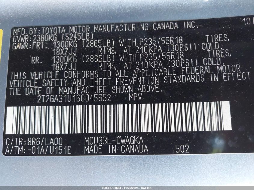 2006 Lexus Rx 330 VIN: 2T2GA31U16C045652 Lot: 43781664