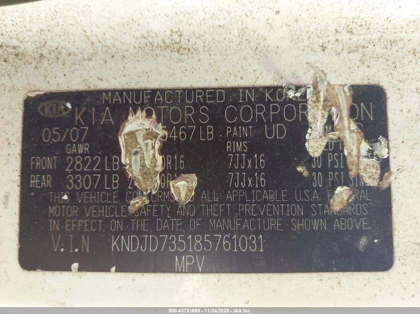 2008 Kia Sorento Lx VIN: KNDJD735185761031 Lot: 43781669