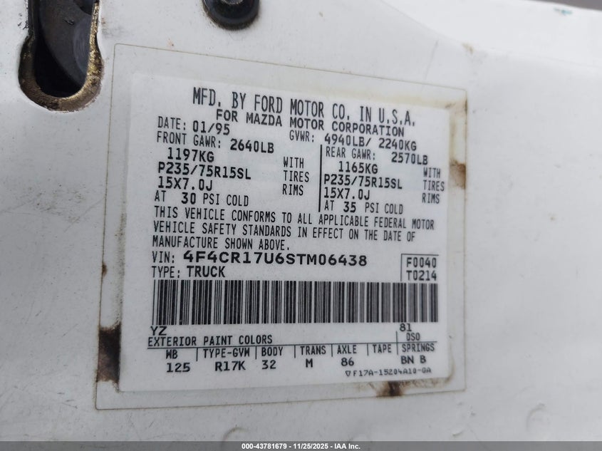 1995 Mazda B3000 Cab Plus VIN: 4F4CR17U6STM06438 Lot: 43781679