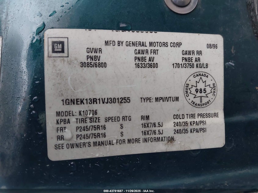 1997 Chevrolet Tahoe Ls VIN: 1GNEK13R1VJ301255 Lot: 43781687
