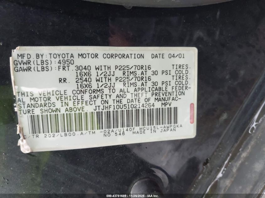 2001 Lexus Rx 300 VIN: JTJHF10U510214264 Lot: 43781689