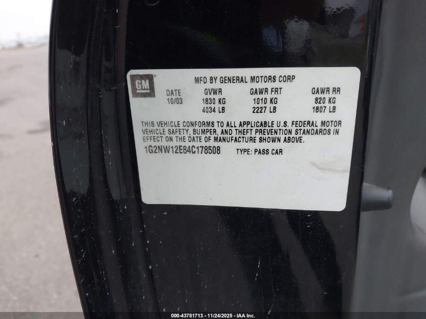 2004 Pontiac Grand Am Gt VIN: 1G2NW12E84C178508 Lot: 43781713