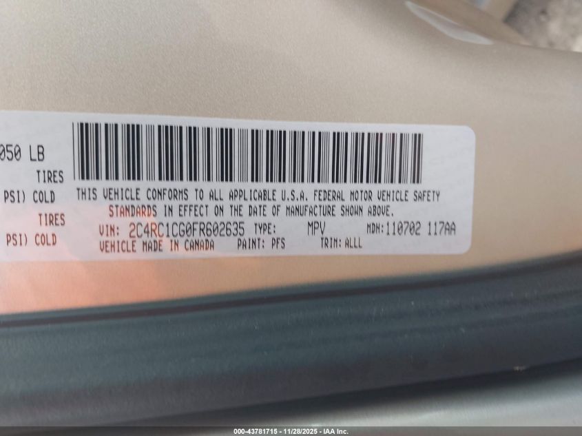 2015 Chrysler Town & Country Touring-L VIN: 2C4RC1CG0FR602635 Lot: 43781715