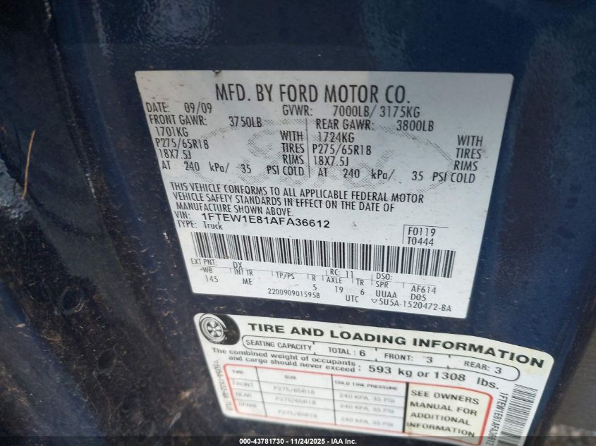 2010 Ford F-150 Xl/Xlt VIN: 1FTEW1E81AFA36612 Lot: 43781730