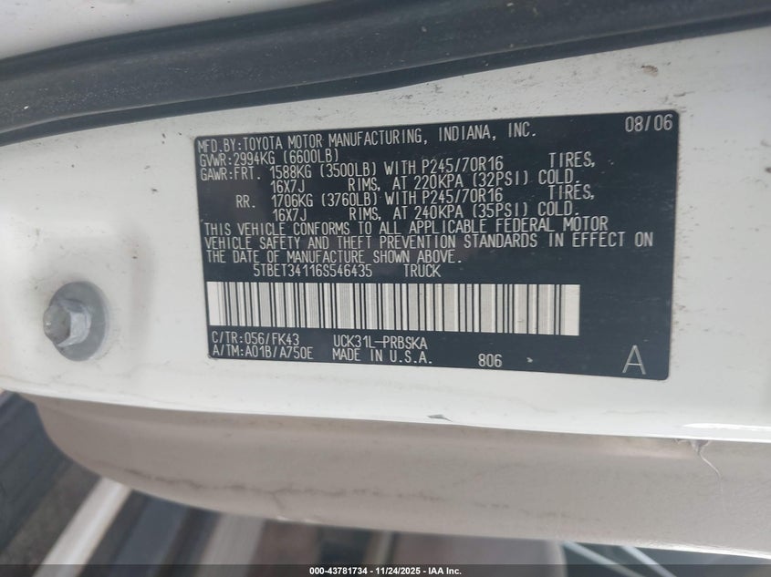 2006 Toyota Tundra Sr5 V8 VIN: 5TBET34116S546435 Lot: 43781734