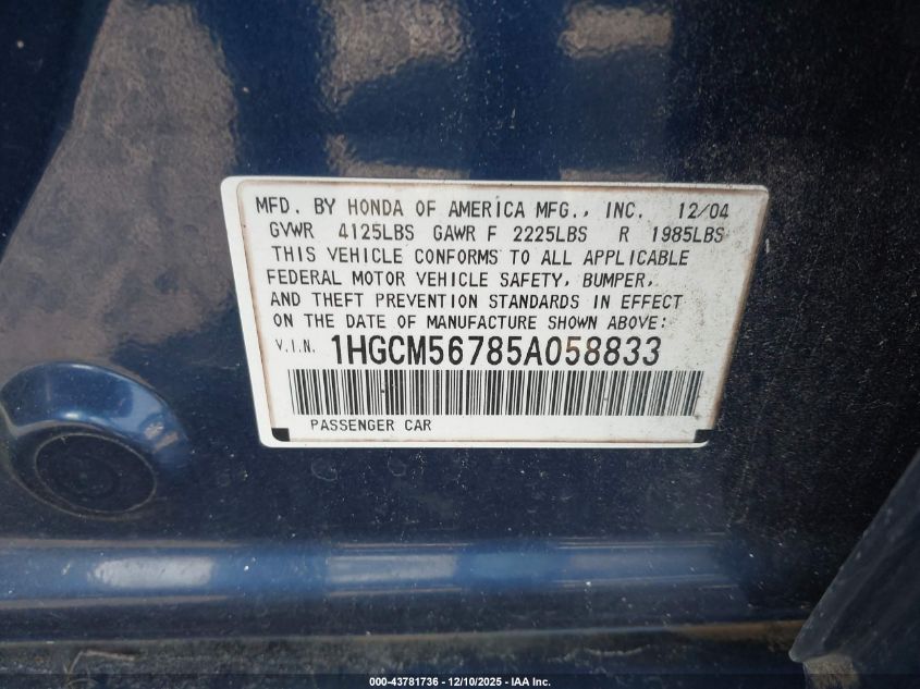 2005 Honda Accord 2.4 Ex VIN: 1HGCM56785A058833 Lot: 43781736