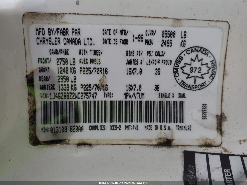 1998 Jeep Grand Cherokee Limited VIN: 1J4GZ88Z2WC275747 Lot: 43781748