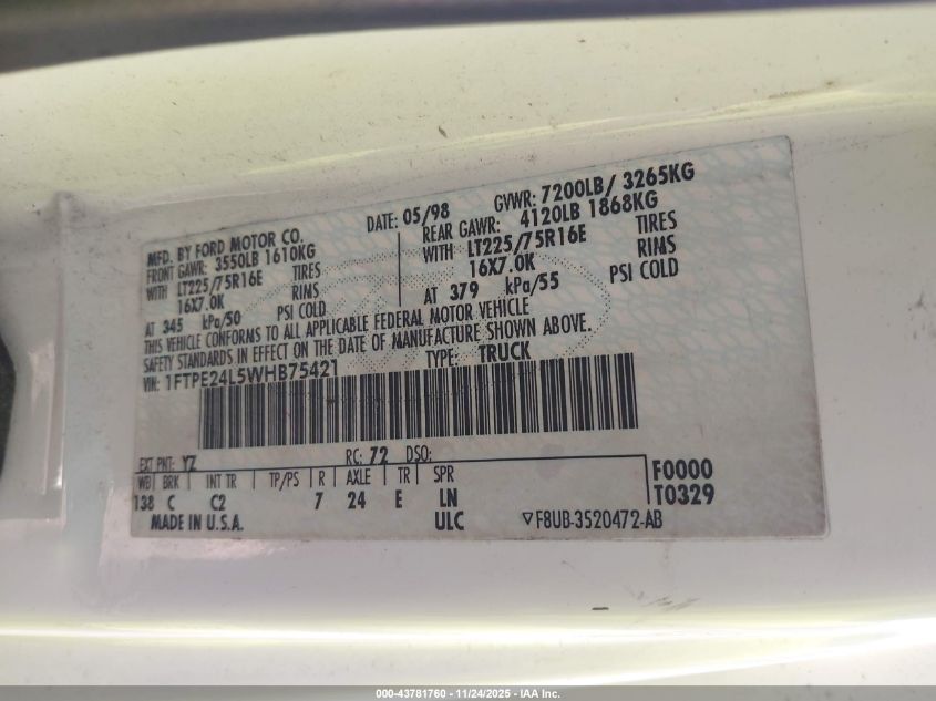 1998 Ford E-250 Commercial/Recreational VIN: 1FTPE24L5WHB75421 Lot: 43781760