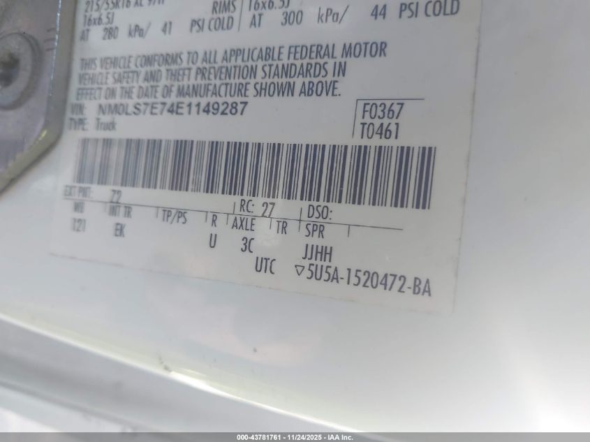 2014 Ford Transit Connect Xl VIN: NM0LS7E74E1149287 Lot: 43781761