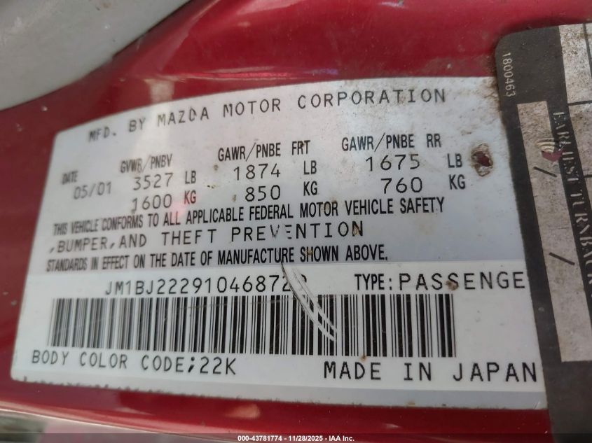 2001 Mazda Protege Dx/Lx VIN: JM1BJ222910468729 Lot: 43781774