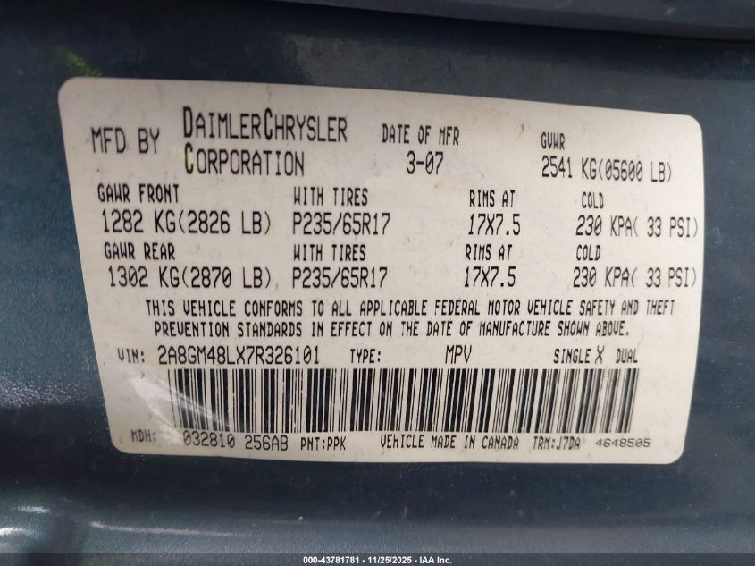 2007 Chrysler Pacifica VIN: 2A8GM48LX7R326101 Lot: 43781781