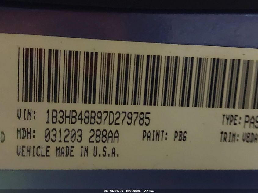 2007 Dodge Caliber Sxt VIN: 1B3HB48B97D279785 Lot: 43781786