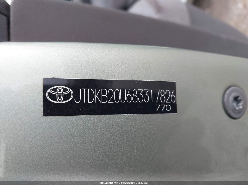 2008 Toyota Prius Touring VIN: JTDKB20U683317826 Lot: 43781793