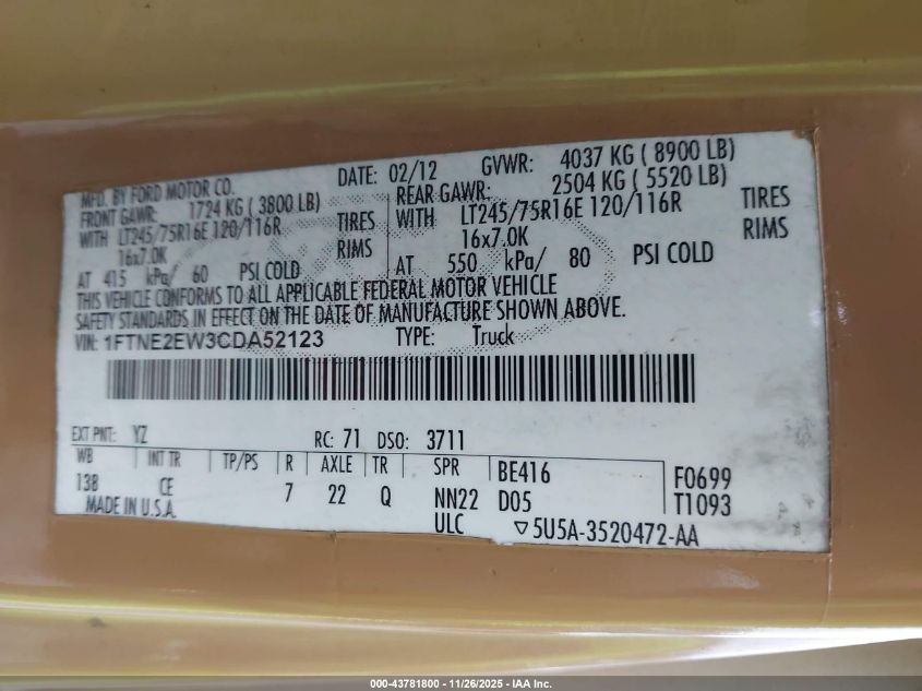 2012 Ford E-250 Commercial VIN: 1FTNE2EW3CDA52123 Lot: 43781800