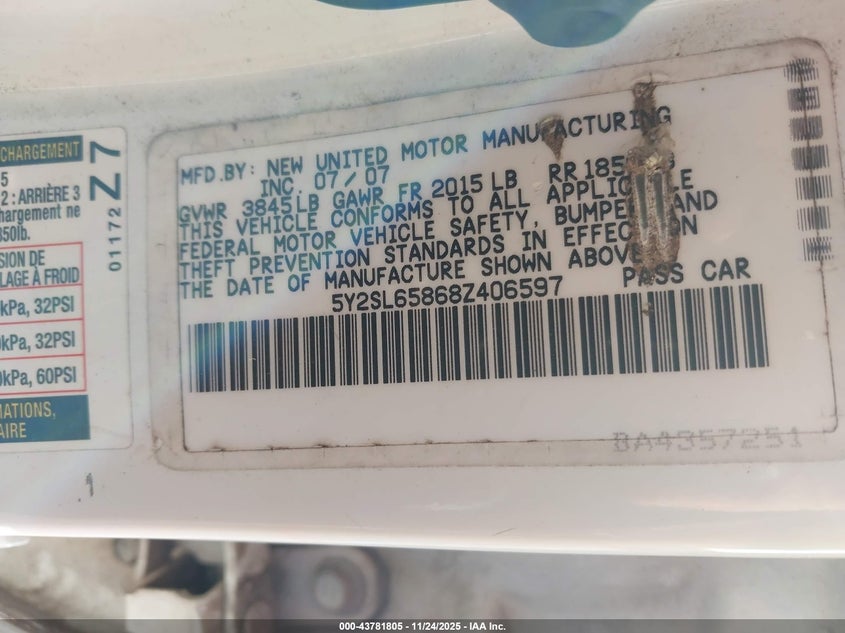 2008 Pontiac Vibe VIN: 5Y2SL65868Z406597 Lot: 43781805