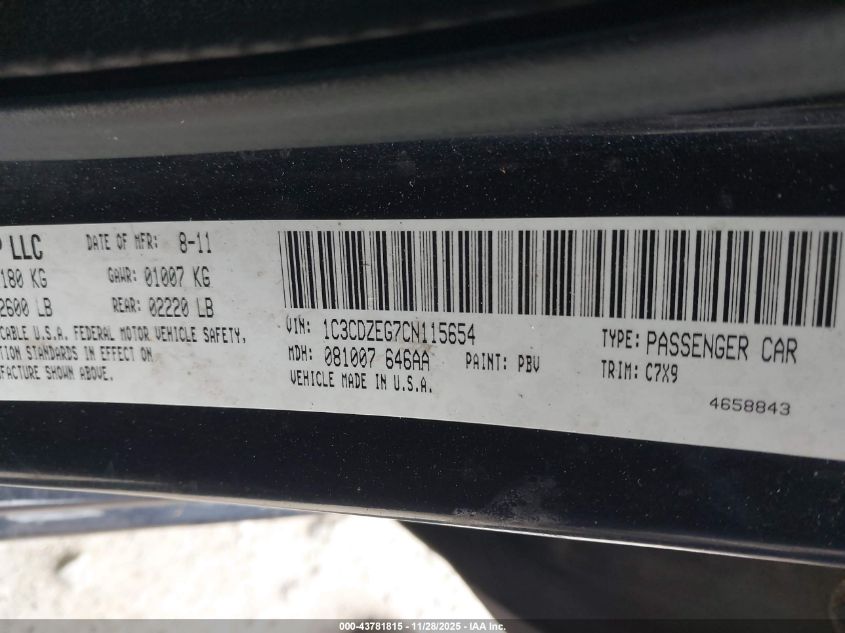 2012 Dodge Avenger Sxt Plus VIN: 1C3CDZEG7CN115654 Lot: 43781815