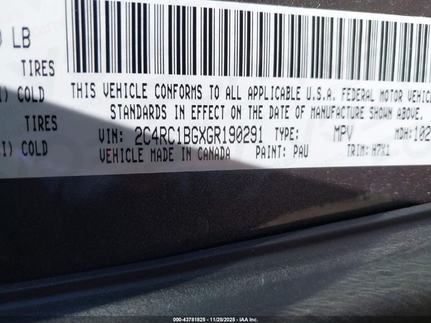 2016 Chrysler Town & Country Touring VIN: 2C4RC1BGXGR190291 Lot: 43781825