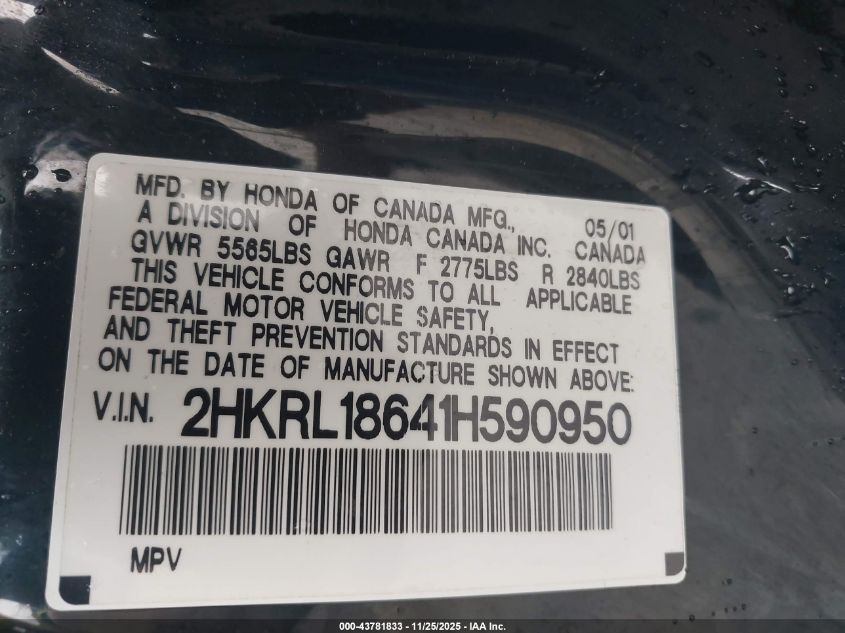 2001 Honda Odyssey Ex VIN: 2HKRL18641H590950 Lot: 43781833