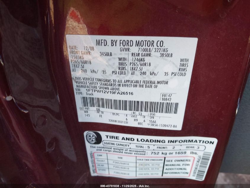 2009 Ford F-150 King Ranch/Lariat/Platinum/Xl/Xlt VIN: 1FTPW12V19FA26516 Lot: 43781838