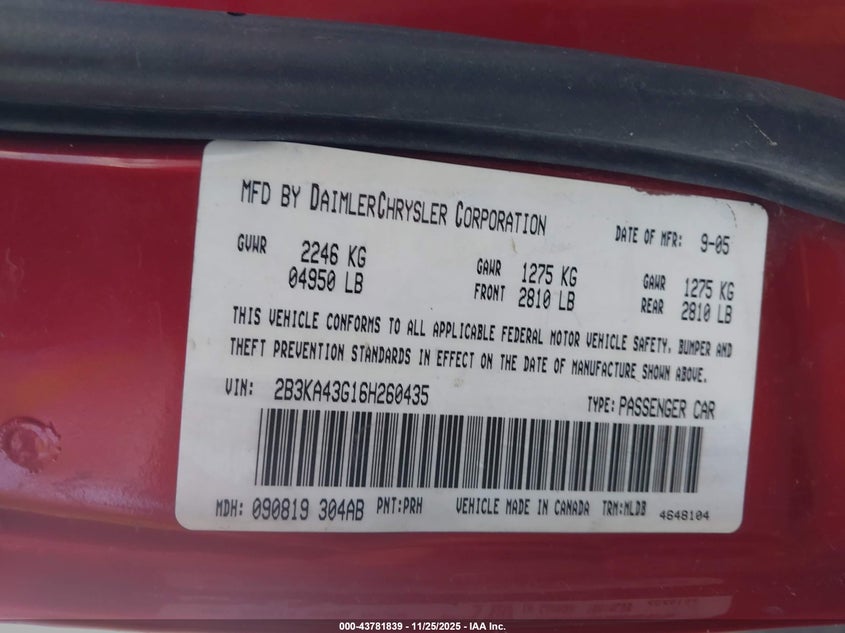 2006 Dodge Charger VIN: 2B3KA43G16H260435 Lot: 43781839