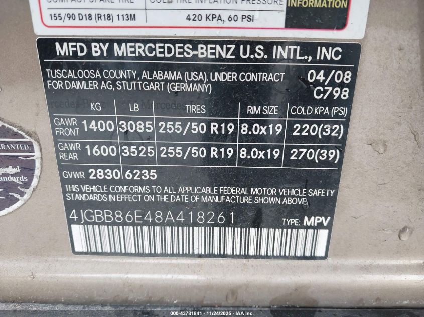 2008 Mercedes-Benz Ml 350 4Matic VIN: 4JGBB86E48A418261 Lot: 43781841