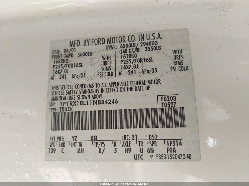 2001 Ford F-150 Lariat/Xl/Xlt VIN: 1FTRX18L11NB84246 Lot: 43781852