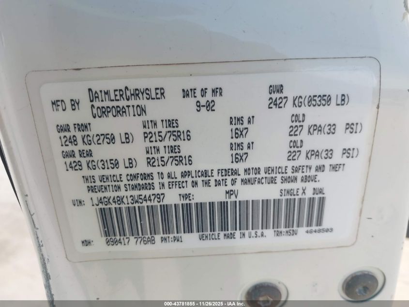 2003 Jeep Liberty Sport VIN: 1J4GK48K13W544797 Lot: 43781855