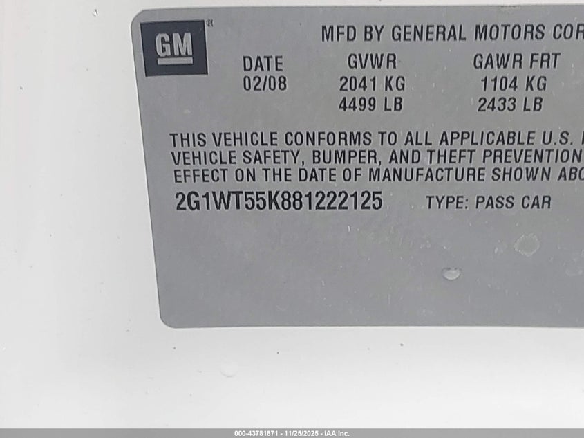 2008 Chevrolet Impala Lt VIN: 2G1WT55K881222125 Lot: 43781871