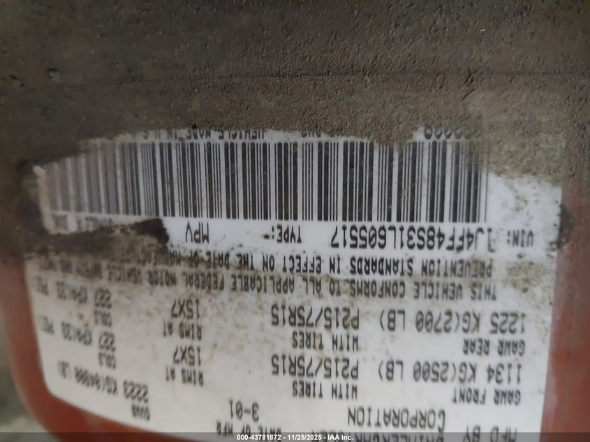 2001 Jeep Cherokee Sport VIN: 1J4FF48S31L605517 Lot: 43781872