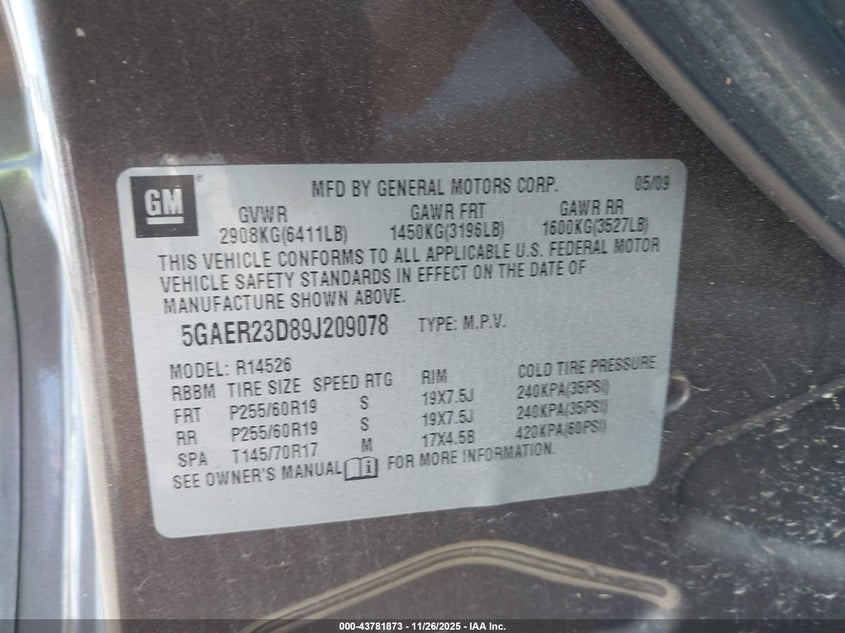 2009 Buick Enclave Cxl VIN: 5GAER23D89J209078 Lot: 43781873