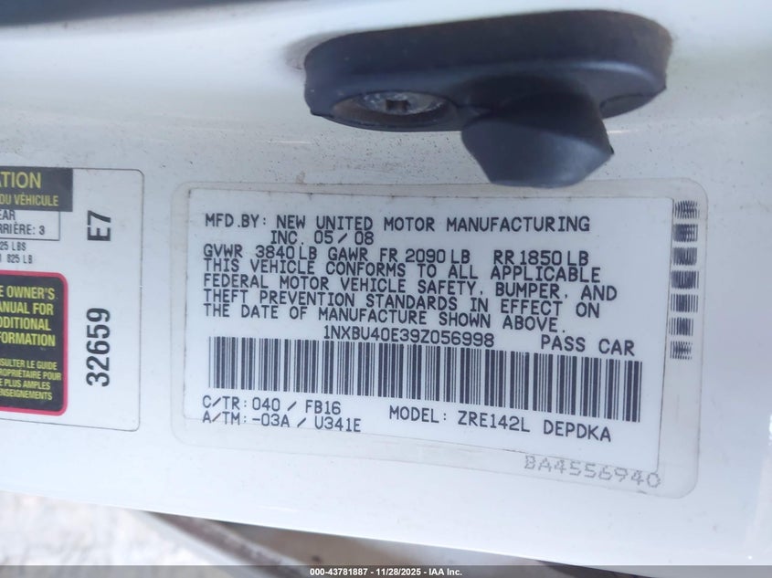 2009 Toyota Corolla Le VIN: 1NXBU40E39Z056998 Lot: 43781887