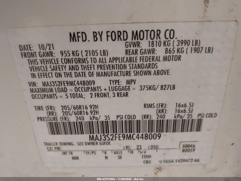 2021 Ford Ecosport S VIN: MAJ3S2FE9MC448009 Lot: 43781904