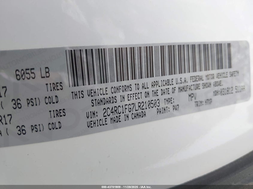 2020 Chrysler Pacifica Touring VIN: 2C4RC1FG7LR210503 Lot: 43781909