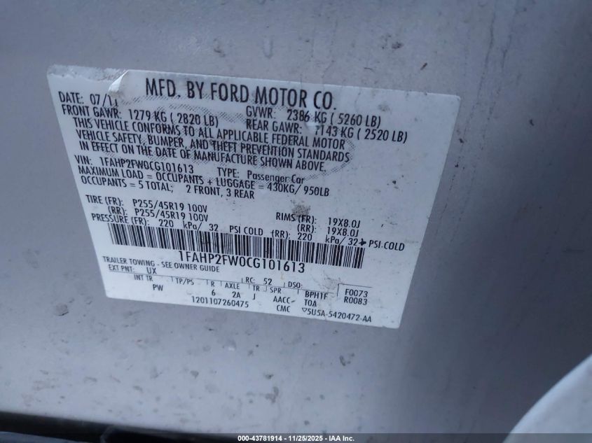 2012 Ford Taurus VIN: 1FA8P2FW0CG101613 Lot: 43781914